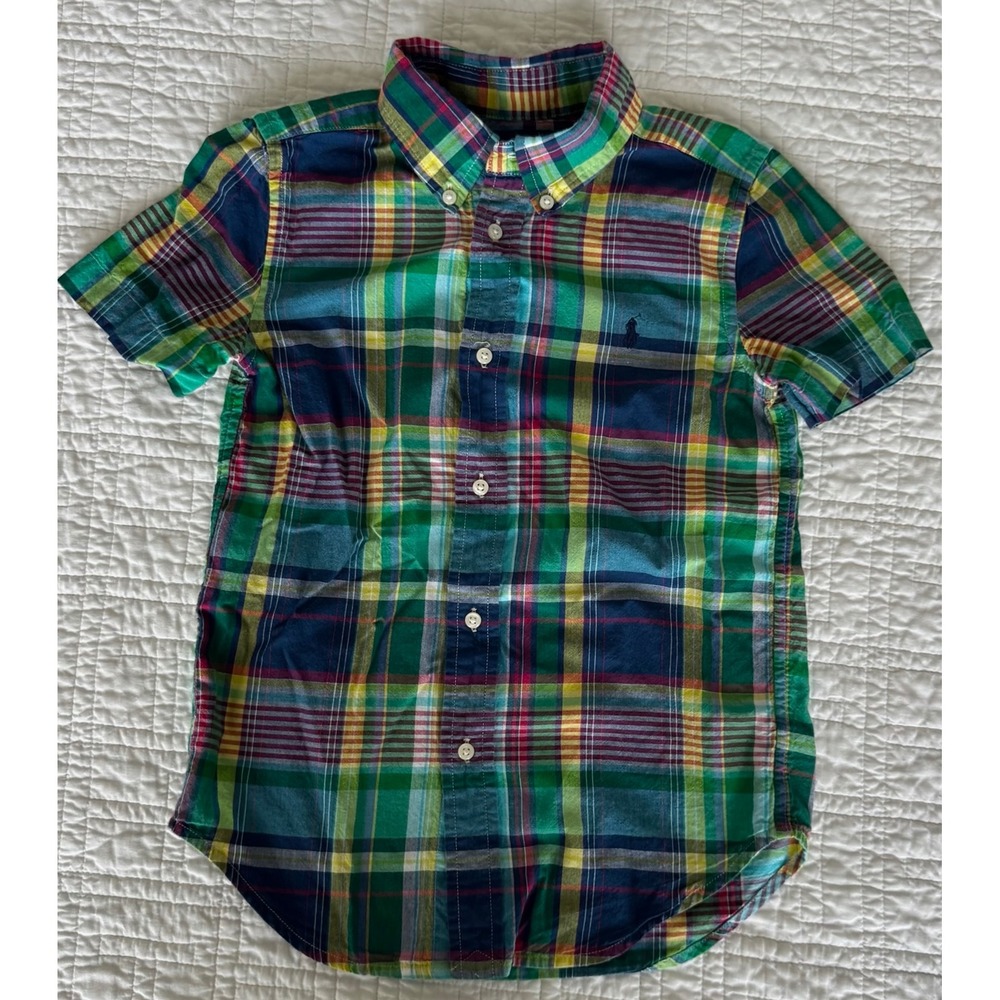 Polo Ralph Lauren Boys Size 6 Plaid Button Down Shirt Short Sleeve Green Multi